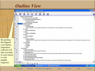 Outline View
Main Page Experience Prewriting / RehearsingDrafting Sharing Revising Editing Publishing
By pushing
the diagram
view button,
Inspiration
software will
take you back
to your cluster
or web
graphic
organizer.
 