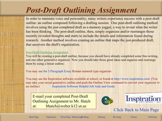 Post-Draft Outlining Assignment
In order to maintain voice and personality, many writers experience success with a post-draft
outline: an outline composed following a drafting session. One post-draft outlining method
involves using the just-completed draft as a memory jogger, a way to reveal what the writer
has been thinking. The post-draft outline, then, simply organizes and/or rearranges those
recently revealed thoughts and starts to include the details and information found during
research. Another method involves creating an outline that maps the just-produced draft,
that uncovers the draft's organization.
Post-Draft Outlining Assignment
You will be creating a post-draft outline, because you should have already completed some free-writing,
and one other generative organizer. Now you should take those great ideas and organize and rearrange
them by using a linear outline.
You may use the 5 Paragraph Essay Roman numeral type organizer.
You may use the Inspiration software available at school, or found at http://www.inspiration.com/ (You
may take your saved generative outline and push the Outline View command to convert your organizer to
an outline) Inspiration Software Helpful Job Aide and Guide
Main Page Experience Prewriting / RehearsingDrafting Sharing Revising Editing Publishing
Click Back to Main Page
E-mail your completed Post-Draft
Outlining Assignment to Mr. Hatch
at: bhatch@weber.k12.ut.us
 