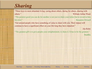 Sharing
“Three keys to more abundant living: caring about others, daring for others, sharing with
others.” William Arthur Ward
“The greatest good you can do for another is not just to share your riches but to reveal to him
his own.” Benjamin Drisaeli
“Get around people who have something of value to share with you. Their impact will
continue to have a significant effect on your life long they have departed.”
Jim Rohn
“The greatest gift is to give people your enlightenment, to share it. It has to be the greatest.”
Buddha
Main Page Experience Prewriting / RehearsingDrafting Sharing Revising Editing Publishing
 