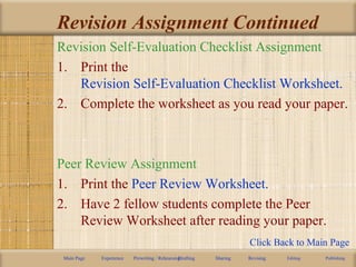 Revision Assignment Continued
Revision Self-Evaluation Checklist Assignment
1. Print the
Revision Self-Evaluation Checklist Worksheet.
2. Complete the worksheet as you read your paper.
Peer Review Assignment
1. Print the Peer Review Worksheet.
2. Have 2 fellow students complete the Peer
Review Worksheet after reading your paper.
Main Page Experience Prewriting / RehearsingDrafting Sharing Revising Editing Publishing
Click Back to Main Page
 