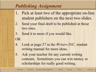 Publishing Assignment
1. Pick at least two of the appropriate on-line
student publishers on the next two slides.
2. Send your final draft to be published at those
two sites.
3. Send it to more if you would like.
OR
4. Look at page 37 in the Writers INC. student
writing manual for more ideas.
5. Ask your teacher for any current writing
contents. Sometimes you can win money or
scholarships for really good writing.
Main Page Experience Prewriting / RehearsingDrafting Sharing Revising Editing Publishing
 
