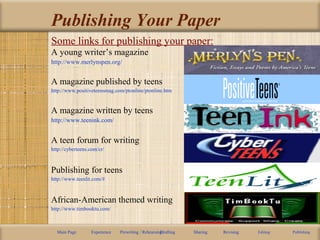 Publishing Your Paper
Some links for publishing your paper:
Main Page Experience Prewriting / RehearsingDrafting Sharing Revising Editing Publishing
A young writer’s magazine
http://www.merlynspen.org/
A magazine published by teens
http://www.positiveteensmag.com/ptonline/ptonline.htm
A magazine written by teens
http://www.teenink.com/
A teen forum for writing
http://cyberteens.com/cr/
Publishing for teens
http://www.teenlit.com/#
African-American themed writing
http://www.timbooktu.com/
 
