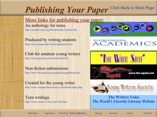 Publishing Your Paper
More links for publishing your paper:
Main Page Experience Prewriting / RehearsingDrafting Sharing Revising Editing Publishing
An anthology for teens
http://teenlink.nypl.org/WordSmiths-Current.cfm
Produced by writing students
http://www.susqu.edu/writers/apprentice.htm
Club for amateur young writers
http://www.geocities.com/writestuffclub/
Non-fiction submissions
http://www.the-squid.com/guidelines/guidelines.htm
Created for the young writer
http://www.youngwriterssociety.com/forum/index.php
Teen writings
http://www.writers-voice.com/Teen.htm
The Writers Voice
The World's Favorite Literary Website
Click Back to Main Page
 