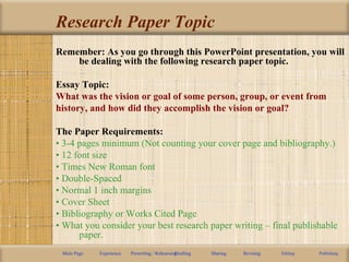 Research Paper Topic
Remember: As you go through this PowerPoint presentation, you will
be dealing with the following research paper topic.
Essay Topic:
What was the vision or goal of some person, group, or event from
history, and how did they accomplish the vision or goal?
The Paper Requirements:
• 3-4 pages minimum (Not counting your cover page and bibliography.)
• 12 font size
• Times New Roman font
• Double-Spaced
• Normal 1 inch margins
• Cover Sheet
• Bibliography or Works Cited Page
• What you consider your best research paper writing – final publishable
paper.
Main Page Experience Prewriting / RehearsingDrafting Sharing Revising Editing Publishing
 