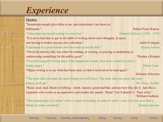 Experience
Main Page Experience Prewriting / RehearsingDrafting Sharing Revising Editing Publishing
Quotes:
"Sometimes people give titles to me, and sometimes I see them on
billboards." Robert Penn Warren
“Television has raised writing to a new low.” Samuel Goldwyn (1882 - 1974)
“It is not a bad idea to get in the habit of writing down one's thoughts. It saves
one having to bother anyone else with them.” Isabel Colegate
Experience is a good teacher, but she sends in terrific bills.” Minna Antrim
“Never be entirely idle; but either be reading, or writing, or praying or meditating or
endeavoring something for the public good.” Thomas a Kempis
“If writers stopped writing about what happened to them, then there would be a lot of
empty pages.” Elaine Liner
“Major writing is to say what has been seen, so that it need never be said again.”
Delmore Schwartz
"The more that you read, the more things you will know. The more that you learn, the more
places you'll go." Dr. Seuss, Author
“Read, read, read. Read everything—trash, classics, good and bad, and see how they do it. Just like a
carpenter who works as an apprentice and studies the master. Read! You’ll absorb it. Then write.”
William Faulkner
“The greatest part of a writer’s time is spent in reading, in order to write; a man will turn over half a
library to make one book.” Samuel Johnson
 