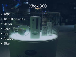 Xbox 360
•   2005
•   40 million units
•   20 GB
•   Core
•   Pro
•   Arcade
•   Elite
 