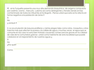 4. el rio Tunjuelito presenta una muy alta demanda bioquímica de oxigeno compuesta 
por cadmio, cromo , mercurio y plomo así como detergentes y fenoles siendo el mas 
contaminado de todos los influentes el rio Bogotá . Piensa usted que este echo afecta en 
forma negativa a la población de Usme ? 
Si 
No 
¿ porque ? 
5. La acumulación de basuras proliferas y ciertas plagas tales como ratas, mosquitos y otros 
insectos más que afectan la pureza y la cálida de agua y muchas veces el agua que se 
consume en las casa no esta bien tratada causando consecuencias graves en la calidad 
de vida de la comunidad ¿piensa usted como habitante de esta localidad que puede 
colaborar en el mejoramiento de nuestras aguas ¿ 
Si 
No 
¿Por qué? 
Como 
 