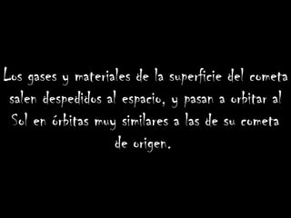 Los gases y materiales de la superficie del cometa salen despedidos al espacio, y pasan a orbitar al Sol en órbitas muy similares a las de su cometa de origen.   