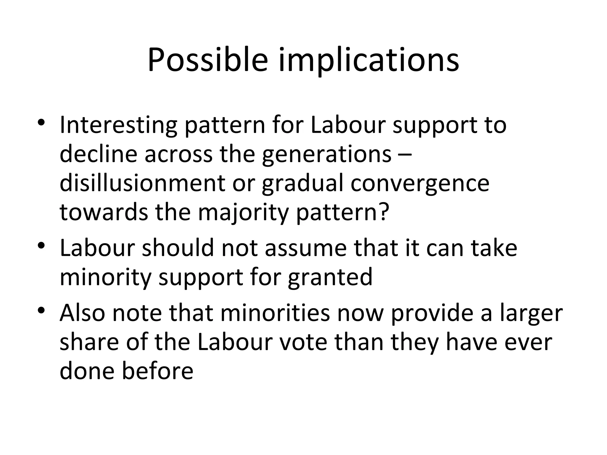 Possible implications
• Interesting pattern for Labour support to
  decline across the generations –
  disillusionment or gradual convergence
  towards the majority pattern?
• Labour should not assume that it can take
  minority support for granted
• Also note that minorities now provide a larger
  share of the Labour vote than they have ever
  done before
 