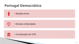 117
Portugal Democrático
• Eleições livres
• Direitos e liberdades
• Constituição de 1976
 
