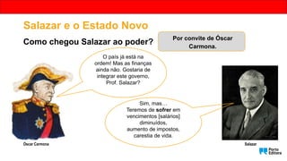 Salazar e o Estado Novo
Como chegou Salazar ao poder?
O país já está na
ordem! Mas as finanças
ainda não. Gostaria de
integrar este governo,
Prof. Salazar?
Sim, mas…
Teremos de sofrer em
vencimentos [salários]
diminuídos,
aumento de impostos,
carestia de vida.
Por convite de Óscar
Carmona.
Óscar Carmona Salazar
 
