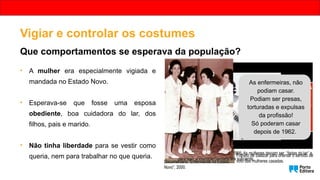 Vigiar e controlar os costumes
Que comportamentos se esperava da população?
• A mulher era especialmente vigiada e
mandada no Estado Novo.
• Esperava-se que fosse uma esposa
obediente, boa cuidadora do lar, dos
filhos, pais e marido.
• Não tinha liberdade para se vestir como
queria, nem para trabalhar no que queria.
Mulheres
solteiras não
podiam votar!
Folheto de Salazar para orientar o sentido de
voto das mulheres casadas.
Concurso a dona de casa ideal, 1966. As mulheres deviam ser “fadas do lar” e,
para isso, a instrução primária era suficiente.
Documentário “Enfermeiras no Estado
Novo”, 2000.
As enfermeiras, não
podiam casar.
Podiam ser presas,
torturadas e expulsas
da profissão!
Só poderam casar
depois de 1962.
 