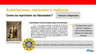 Autoritarismo, repressão e violência
Como se reprimiam as liberdades? Censura e Repressão
Liberdades condicionadas pela Constituição
Cartaz de Almada Negreiros
O Estado dizia como
pensar e qualquer
obra só era publicada
depois de visada pela
Censura.
Vigiava, reprimia, intimidava, prendia e torturava os opositores políticos.
 