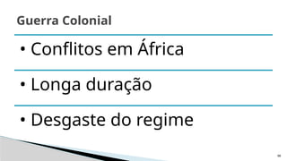 98
Guerra Colonial
• Conflitos em África
• Longa duração
• Desgaste do regime
 
