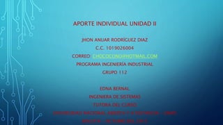 APORTE INDIVIDUAL UNIDAD II
JHON ANUAR RODRÍGUEZ DIAZ
C.C. 1019026004
CORREO: CHOCOCONO@HOTMAIL.COM
PROGRAMA INGENIERÍA INDUSTRIAL
GRUPO 112
EDNA BERNAL
INGENIERA DE SISTEMAS
TUTORA DEL CURSO
UNIVERSIDAD NACIONAL ABIERTA Y A DISTANCIA – UNAD
BOGOTÁ – OCTUBRE DEL 2015
 