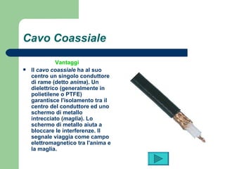 Cavo Coassiale   Vantaggi Il  cavo coassiale  ha al suo centro un singolo conduttore di rame (detto  anima ). Un dielettrico (generalmente in polietilene o PTFE) garantisce l'isolamento tra il centro del conduttore ed uno schermo di metallo intrecciato ( maglia ). Lo schermo di metallo aiuta a bloccare le interferenze. Il segnale viaggia come campo elettromagnetico tra l'anima e la maglia.   