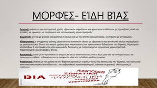 ΜΟΡΦΈΣ- ΕΊΔΗ ΒΊΑΣ
Λεκτική: γίνεται με την συστηματική χρήση υβριστικών εκφράσεων και φραστικών επιθέσεων, με προσβολές αλλά και
απειλές, με ειρωνεία, με πειράγματα και ταπεινωτικούς χαρακτηρισμούς.
Σωματική: γίνεται με φυσικό τραυματισμό ή ακόμα και με την απειλή τραυματισμού, χτυπήματα με αντικείμενα.
Ηλεκτρονική: ο σύγχρονος τρόπος μέσα από την αποστολή υλικού με υβριστικό ή και απειλητικό ακόμα περιεχόμενο
με μηνύματα ή και βίντεο στο κινητό, χρήση ή και παραποίηση των προσωπικών δεδομένων του θύματος, δημιουργία
ιστοσελίδων ή και προφίλ στα μέσα κοινωνικής δικτύωσης με παραποιημένα και ψεύτικα χαρακτηριστικά,
παραποιημένες φωτογραφίες, βίντεο.
Κοινωνική: γίνεται με την προσπάθεια να απομονωθεί και να αποκλειστεί κοινωνικά το θύμα μέσα από την αγνόηση ατόμου, την
πρόκληση αντιπάθειας, τη δυσφήμιση και τη συκοφαντία, μέσα από τη διάδοση ψευδών στοιχείων.
Ρατσιστική: γίνεται με την χρήση και την διάδοση αρνητικών σχολίων λόγω της καταγωγής του θύματος, του κοινωνικό-
κοινωνικό-οικονομικού επιπέδου του , του σεξουαλικού προσανατολισμού, κάποιου σωματικού ελαττώματος ή
ασθένειας.
 