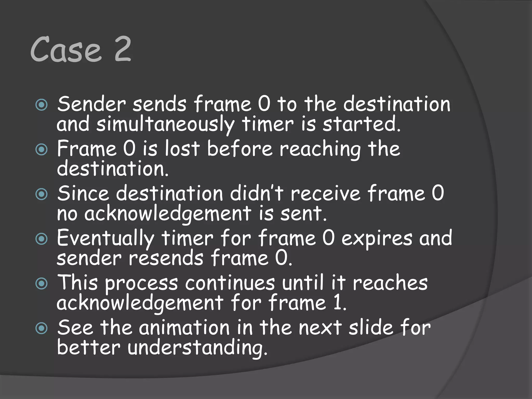Case 2 
 Sender sends frame 0 to the destination 
and simultaneously timer is started. 
 Frame 0 is lost before reaching the 
destination. 
 Since destination didn’t receive frame 0 
no acknowledgement is sent. 
 Eventually timer for frame 0 expires and 
sender resends frame 0. 
 This process continues until it reaches 
acknowledgement for frame 1. 
 See the animation in the next slide for 
better understanding. 
 