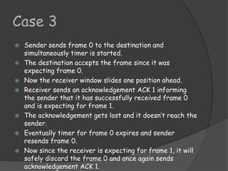 Case 3 
 Sender sends frame 0 to the destination and 
simultaneously timer is started. 
 The destination accepts the frame since it was 
expecting frame 0. 
 Now the receiver window slides one position ahead. 
 Receiver sends an acknowledgement ACK 1 informing 
the sender that it has successfully received frame 0 
and is expecting for frame 1. 
 The acknowledgement gets lost and it doesn’t reach the 
sender. 
 Eventually timer for frame 0 expires and sender 
resends frame 0. 
 Now since the receiver is expecting for frame 1, it will 
safely discard the frame 0 and once again sends 
acknowledgement ACK 1. 
 