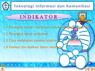 1.1 Perangkat keras / Hardware untuk mengakses internet
1.2 Perangkat keras tambahan
1.3 Cara melakukan koneksi internet
1.4 Fasilitas dan Aplikasi dalam internet

 