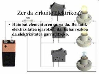 Zer da zirkuito elektrikoa? Hainbat elementuren sarea da. Bertatik elektrizitatea igarotzen da. Beharrezkoa da elektrizitatea garraiatzeko.  