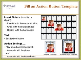 Fill an Action Button TemplateInsert Picture (from file or clipart)Inserts onto the center of slideCrop to fit the button shapeResize to fit the button sizeTextEdit text on buttonAction Settings….Play sound and/or hyperlinkAssociate with the picture andAssociate with the Action ButtonAction button selectedPicture selected