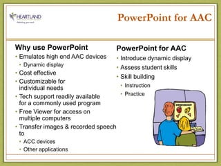 PowerPoint for AACWhy use PowerPointEmulates high end AAC devicesDynamic displayCost effectiveCustomizable for                   individual needsTech support readily available           for a commonly used programFree Viewer for access on            multiple computersTransfer images & recorded speech toACC devicesOther applicationsPowerPoint for AACIntroduce dynamic displayAssess student skillsSkill buildingInstructionPractice