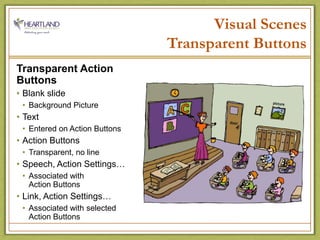 Visual ScenesTransparent ButtonsTransparent Action Buttons Blank slideBackground PictureTextEntered on Action ButtonsAction ButtonsTransparent, no lineSpeech, Action Settings…Associated with                   Action ButtonsLink, Action Settings…Associated with selected                Action Buttons