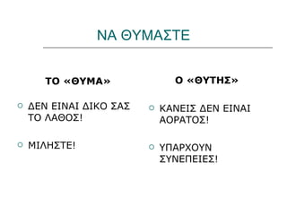 ΝΑ ΘΥΜΑΣΤΕ


       ΤΟ «ΘΥΜΑ»               Ο «ΘΥΤΗΣ»

   ΔΕΝ ΕΙΝΑΙ ΔΙΚΟ ΣΑΣ      ΚΑΝΕΙΣ ΔΕΝ ΕΙΝΑΙ
    ΤΟ ΛΑΘΟΣ!                ΑΟΡΑΤΟΣ!

   ΜΙΛΗΣΤΕ!                ΥΠΑΡΧΟΥΝ
                             ΣΥΝΕΠΕΙΕΣ!
 