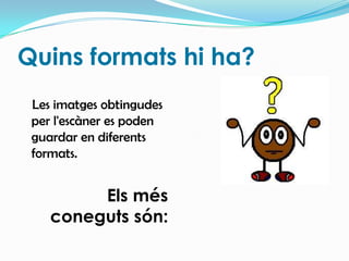 Quinsformatshi ha?Les imatges obtingudes per l'escàner es poden guardar en diferents formats.  Els més coneguts són: