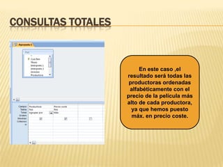 CONSULTAS TOTALES

En este caso ,el
resultado será todas las
productoras ordenadas
alfabéticamente con el
precio de la película más
alto de cada productora,
ya que hemos puesto
máx. en precio coste.

 