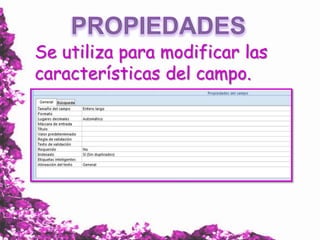 Se utiliza para modificar las
características del campo.

 