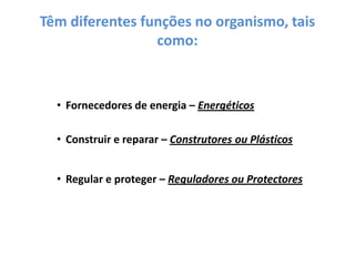 Têm diferentes funções no organismo, tais como: Fornecedores de energia – EnergéticosConstruir e reparar – Construtores ou Plásticos Regular e proteger – Reguladores ou Protectores