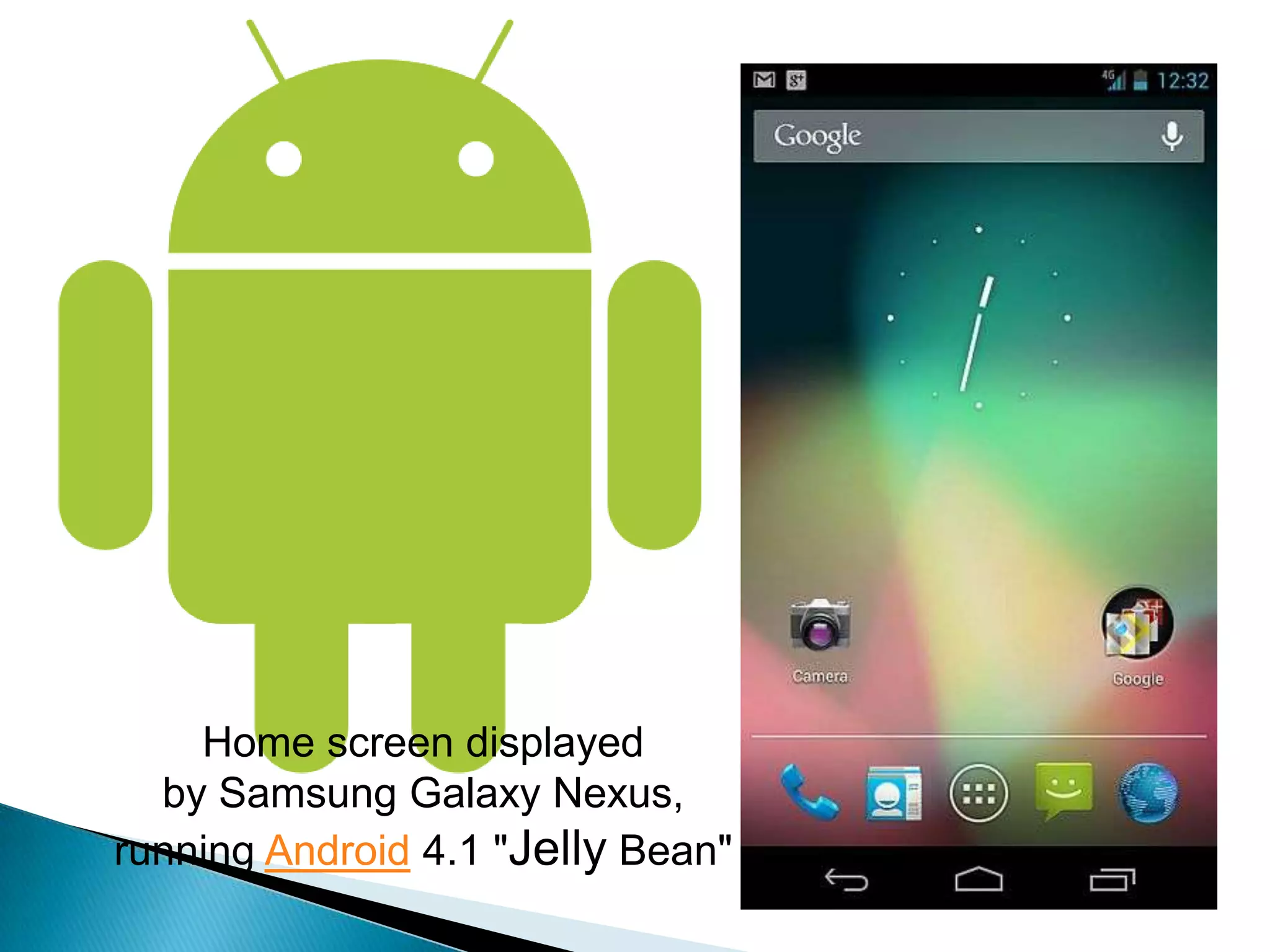 Home screen displayed
  by Samsung Galaxy Nexus,
running Android 4.1 "Jelly Bean"
 
