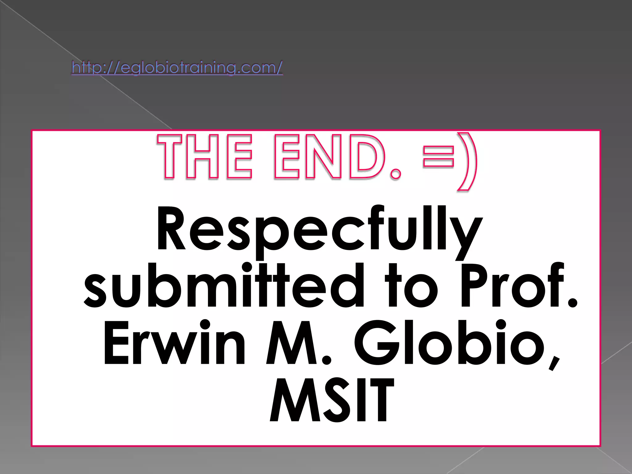 Respecfully
submitted to Prof.
 Erwin M. Globio,
       MSIT
 