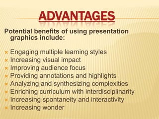 ADVANTAGES
Potential benefits of using presentation
 graphics include:

 Engaging multiple learning styles
 Increasing visual impact
 Improving audience focus
 Providing annotations and highlights
 Analyzing and synthesizing complexities
 Enriching curriculum with interdisciplinarity
 Increasing spontaneity and interactivity
 Increasing wonder
 