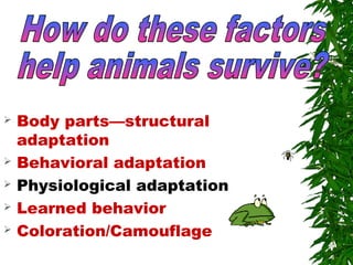  Body parts—structural
adaptation
 Behavioral adaptation
 Physiological adaptation
 Learned behavior
 Coloration/Camouflage
 