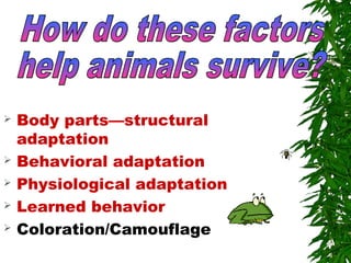  Body parts—structural
adaptation
 Behavioral adaptation
 Physiological adaptation
 Learned behavior
 Coloration/Camouflage
 