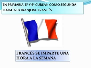 EN PRIMARIA, 5º Y 6º CURSAN COMOSEGUNDA
LENGUA EXTRANJERA: FRANCÉS
FRANCÉS SE IMPARTE UNA
HORA A LA SEMANA
 