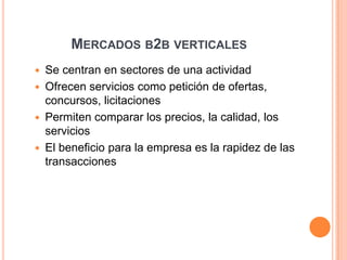 MERCADOS B2B VERTICALES
 Se centran en sectores de una actividad
 Ofrecen servicios como petición de ofertas,
concursos, licitaciones
 Permiten comparar los precios, la calidad, los
servicios
 El beneficio para la empresa es la rapidez de las
transacciones
 