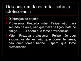 Desconstruindo os mitos sobre a
adolescência
 Diferenças de papeis
 Professora: Prezada mãe, Felipe não para
sentado na aula, não quer fazer a lição, bate no
amigo..........Espero que tome providências.
 Mãe : Prezada professora, Felipe não quer
escovar os dentes, não quer comer legumes,
não quer tomar banho....Espero que tome
providências.
 