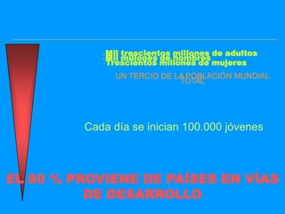 Mil trescientos millones de adultos
                Mil millones de hombres
            

                Trescientos millones de mujeres
            
            


                  UN TERCIO DE LA POBLACIÓN MUNDIAL
                                TOTAL




         Cada día se inician 100.000 jóvenes



EL 80 % PROVIENE DE PAÍSES EN VÍAS
          DE DESARROLLO
 
