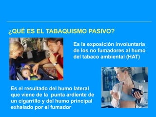 ¿QUÉ ES EL TABAQUISMO PASIVO?

                         Es la exposición involuntaria
                         de los no fumadores al humo
                         del tabaco ambiental (HAT)




Es el resultado del humo lateral
que viene de la punta ardiente de
un cigarrillo y del humo principal
exhalado por el fumador
 