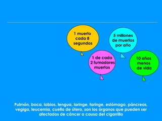 1 muerto            5 millones
                              cada 8             de muertos
                             segundos             por año


                                       1 de cada              10 años
                                      2 fumadores             menos
                                        muertos               de vida




Pulmón, boca, labios, lengua, laringe, faringe, estómago, páncreas,
vegiga, leucemia, cuello de útero, son los órganos que pueden ser
            afectados de cáncer a causa del cigarrillo
 