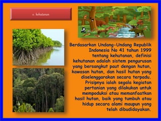 Berdasarkan Undang-Undang Republik
Indonesia No 41 tahun 1999
tentang kehutanan, definisi
kehutanan adalah sistem pengurusan
yang bersangkut paut dengan hutan,
kawasan hutan, dan hasil hutan yang
diselenggarakan secara terpadu.
Prisipnya ialah segala kegiatan
pertanian yang dilakukan untuk
mempoduksi atau memanfaatkan
hasil hutan, baik yang tumbuh atau
hidup secara alami maupun yang
telah dibudidayakan.
e. kehutanan
 