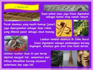 Daun pohon enau juga biasa digunakan
sebagai bahan atap rumah rakyat.
Pucuk daunnya yang masih kuncup (janur)
juga dipergunakan sebagai daun rokok,
yang dikenal pasar sebagai daun kawung.
Lembar-lembar daunnya di Jawa Barat
biasa digunakan sebagai pembungkus barang
dagangan, misalnya gula aren atau buah durian.
Lembar-lembar daun ini pun kerap
dipintal menjadi tali, sementara dari
lidinya dihasilkan barang anyaman
sederhana dan sapu lidi.
C. PRODUK LAIN
 