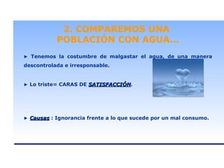 . 2. COMPAREMOS UNA  POBLACIÓN CON AGUA... ►   Tenemos la costumbre de malgastar el agua, de una manera descontrolada e irresponsable. ►   Lo triste= CARAS DE  SATISFACCIÓN . ►   Causas  : Ignorancia frente a lo que sucede por un mal consumo. 