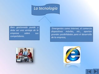 La tecnología



Bien gestionada puede y       Emergentes como Internet, el comercio
debe ser una ventaja de la    dispositivos móviles, etc., aportan
empresa      sobre     sus    grandes posibilidades para el desarrollo
competidores.                 de la empresa,
 