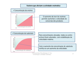 Factores que afectam a actividade enzimática

 Concentração da enzima


                                           O aumento do teor de enzimas
                                          permite aumentar a velocidade de
                                              conversão dos produtos




Concentração do substrato
                                     Para concentrações elevadas, todos os centro
                                     activos ficam saturados, com estabilização da
                                     velocidade máxima.


                                     Com o aumento da concentração de substrato
                                     verifica-se um aumento da velocidade.

                        Professora Rosa Pinho|Biologia|12º Ano
                                                                                     27
                          Fermentação e actividade enzimática
 