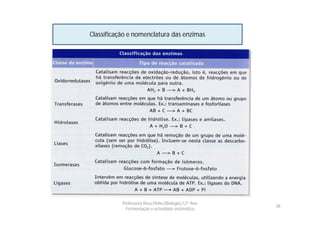 Classificação e nomenclatura das enzimas




           Professora Rosa Pinho|Biologia|12º Ano
                                                    28
             Fermentação e actividade enzimática
 